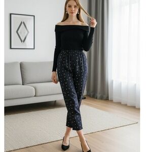 NYCC‎ Womens 1X Black Relaxed Fit Pull-on Stretch Crop Pants Gold Leaves Vtg NWT